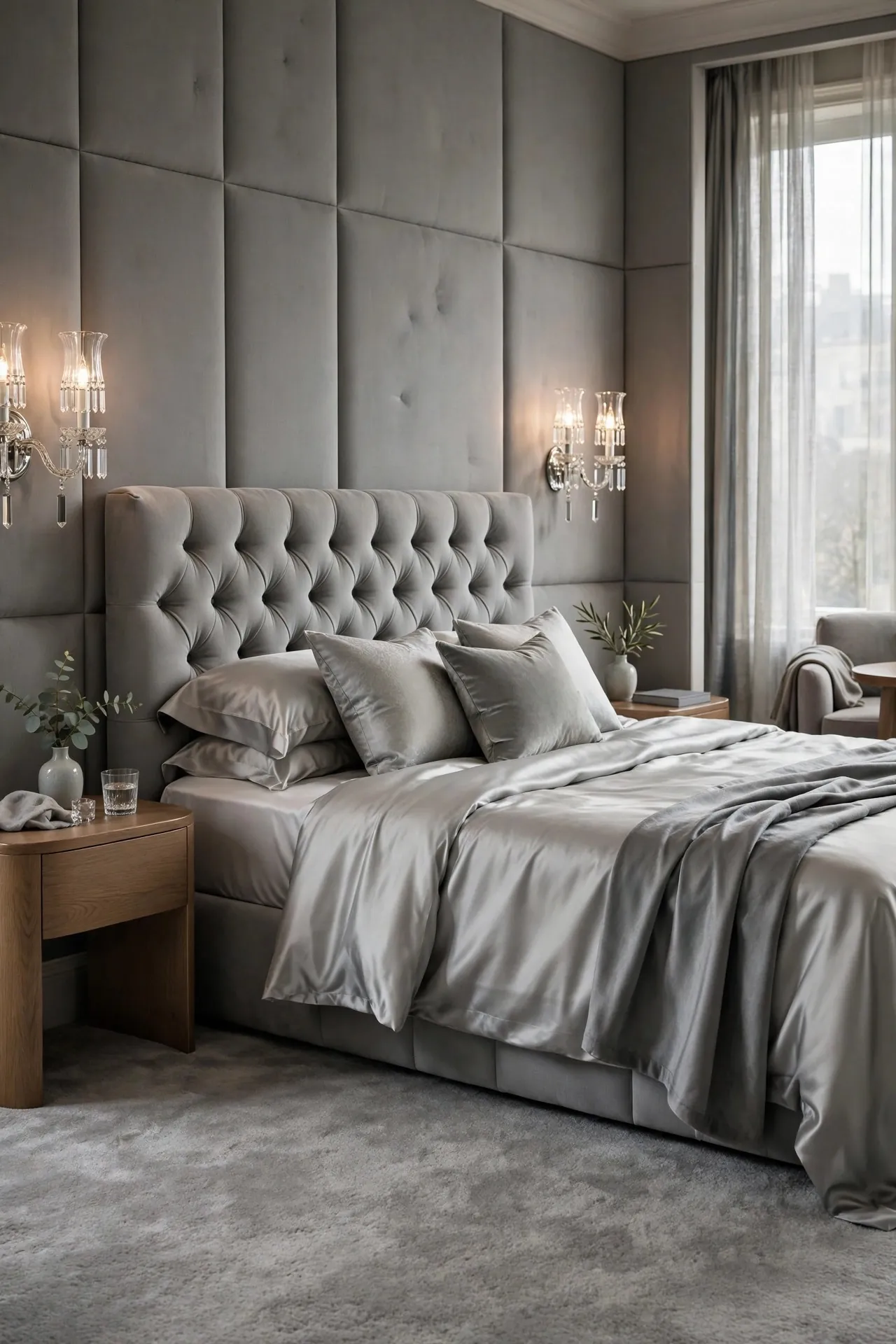 Master bedroom with fabric upholstered walls and a tufted bed
