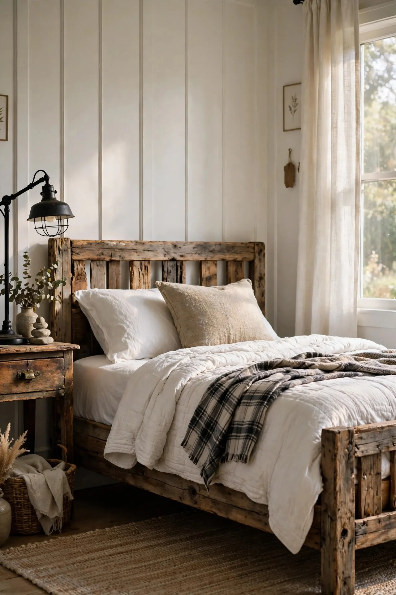 Modern farmhouse bedroom with a wood bed and quilt
