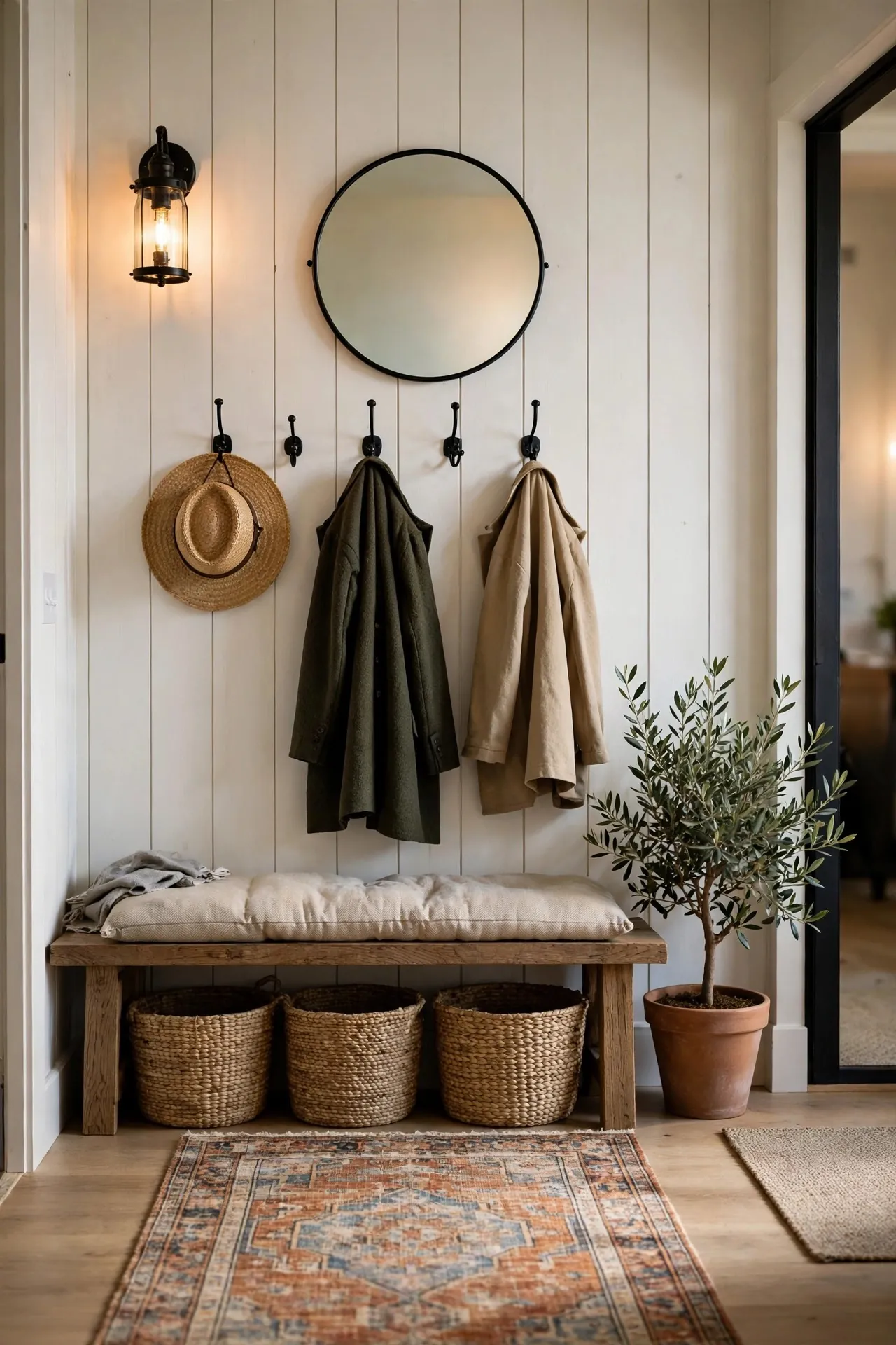 Modern farmhouse entryway with bench, hooks and baskets