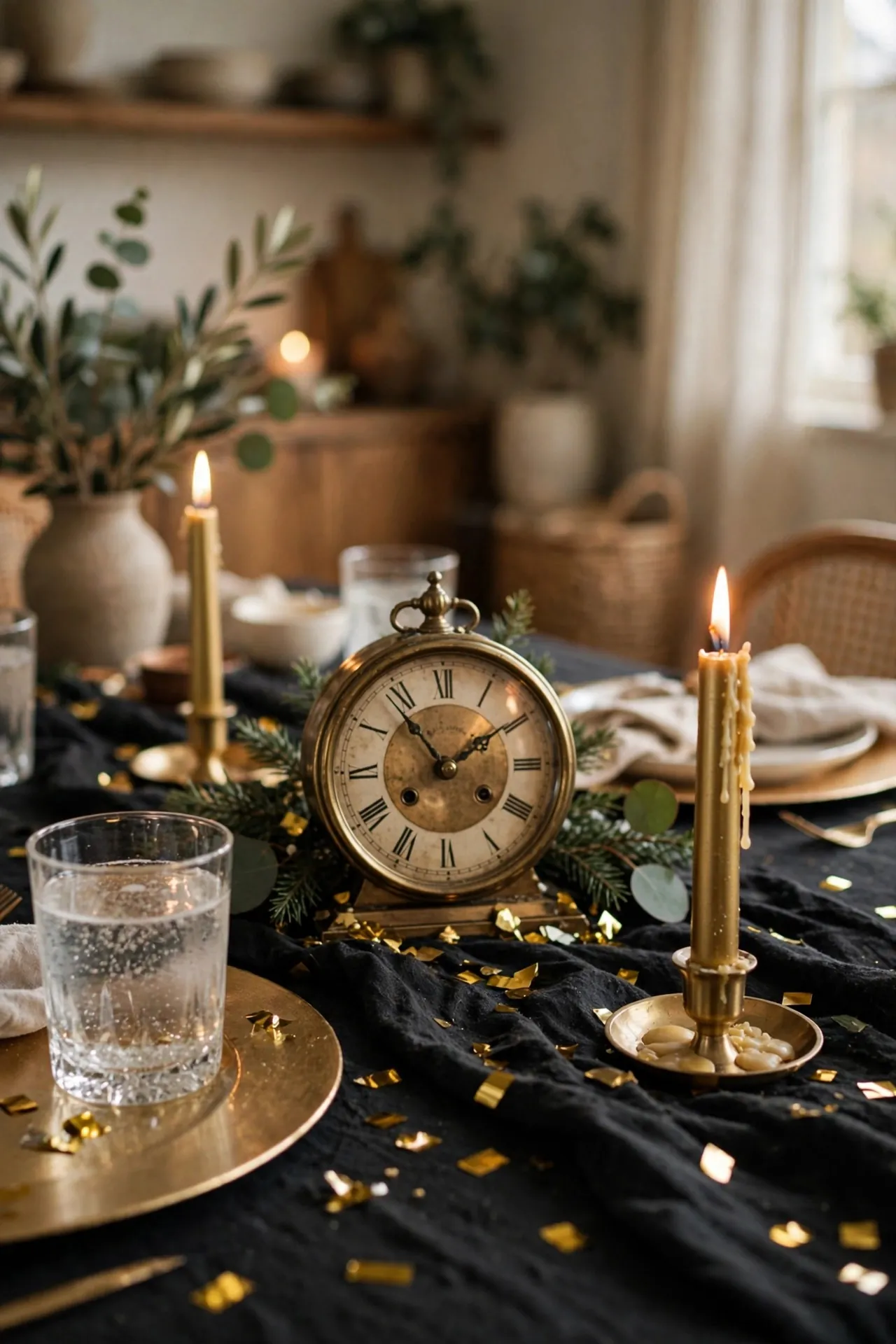 Glamorous New Year's Eve dinner table with gold and candles