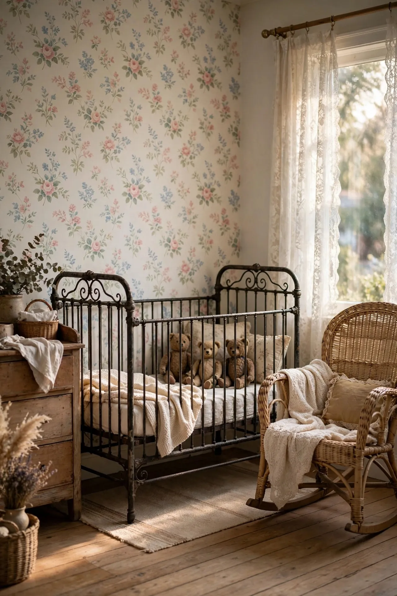 Vintage nursery with antique crib and floral wallpaper