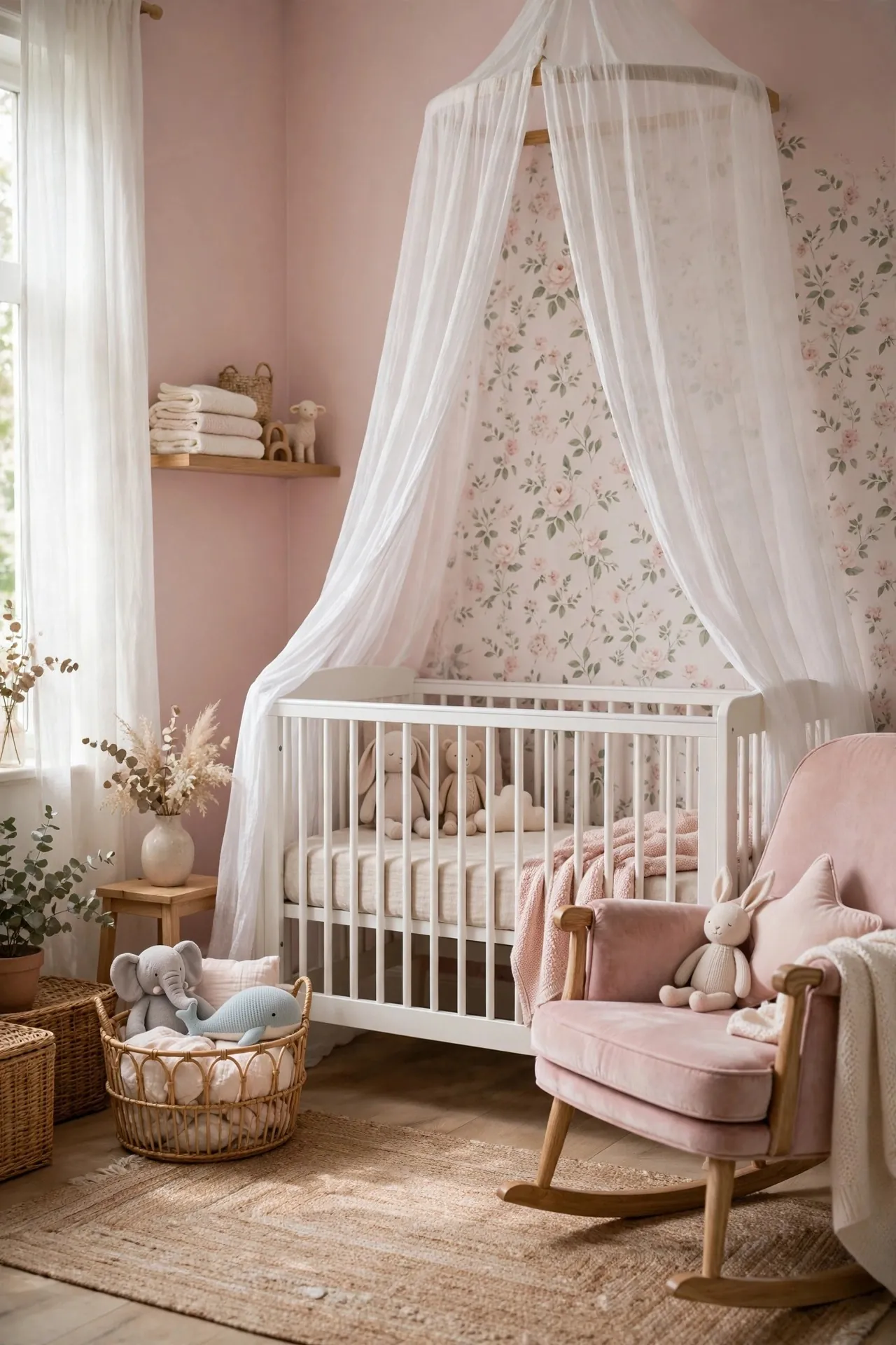 Blush pink nursery with a canopy and floral wallpaper