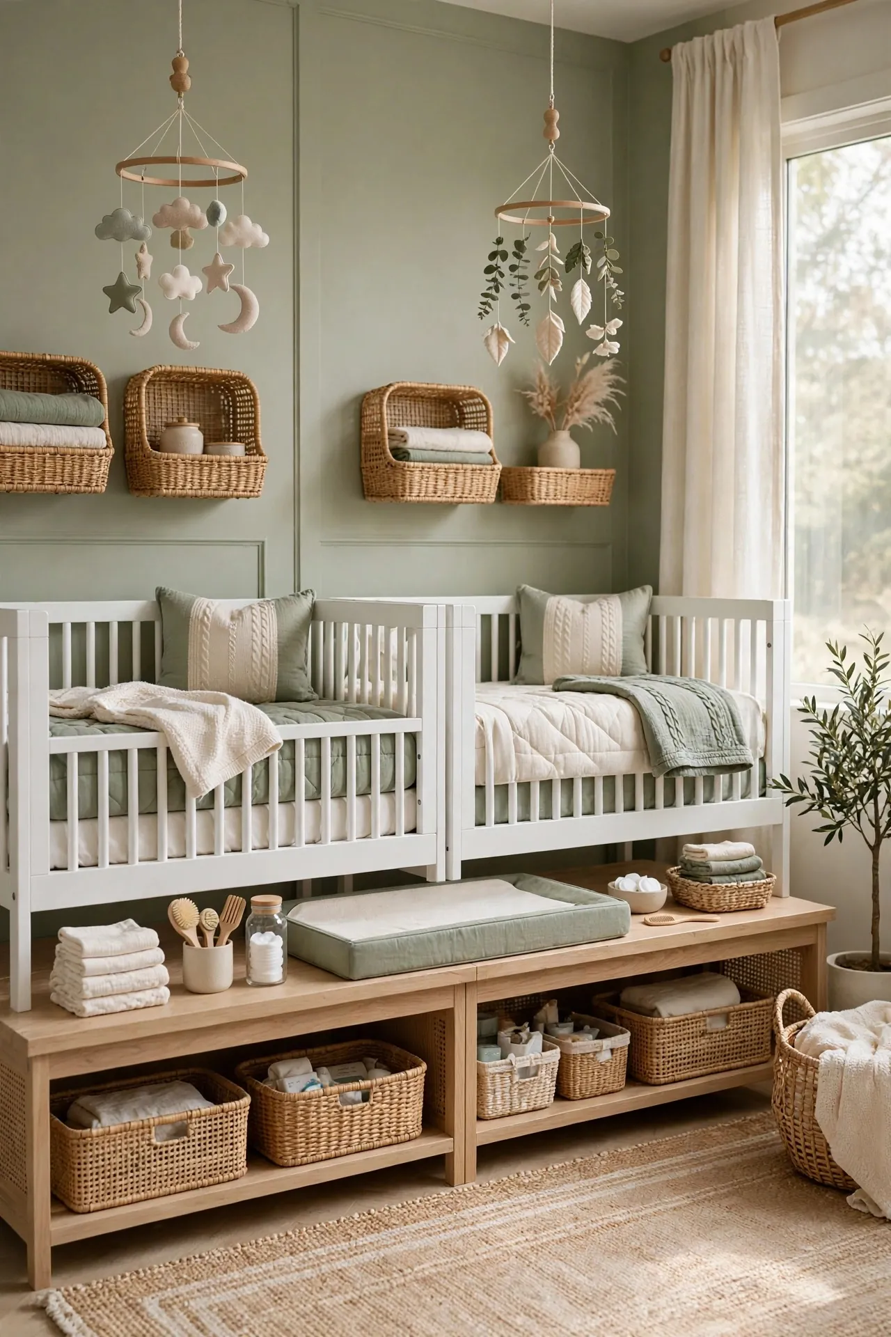 Twins nursery with two matching cribs