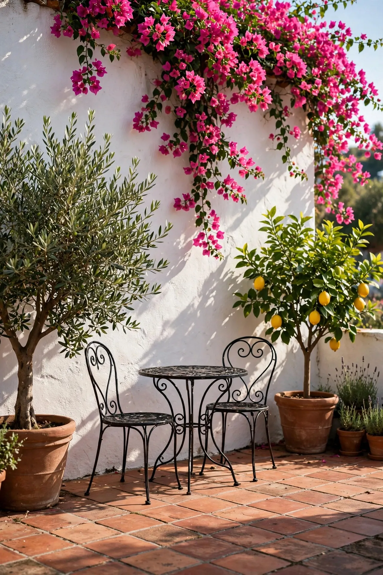 Mediterranean patio with terracotta pots and olive trees