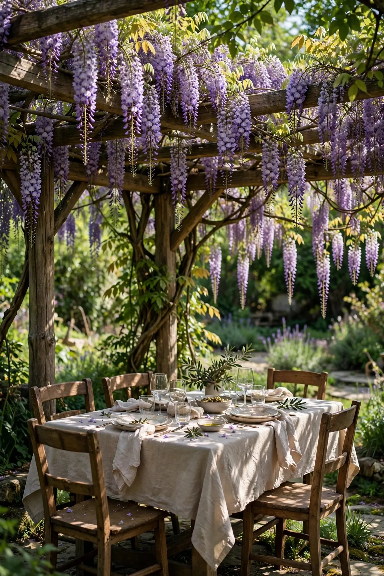 Wooden pergola covered in wisteria over a dining table