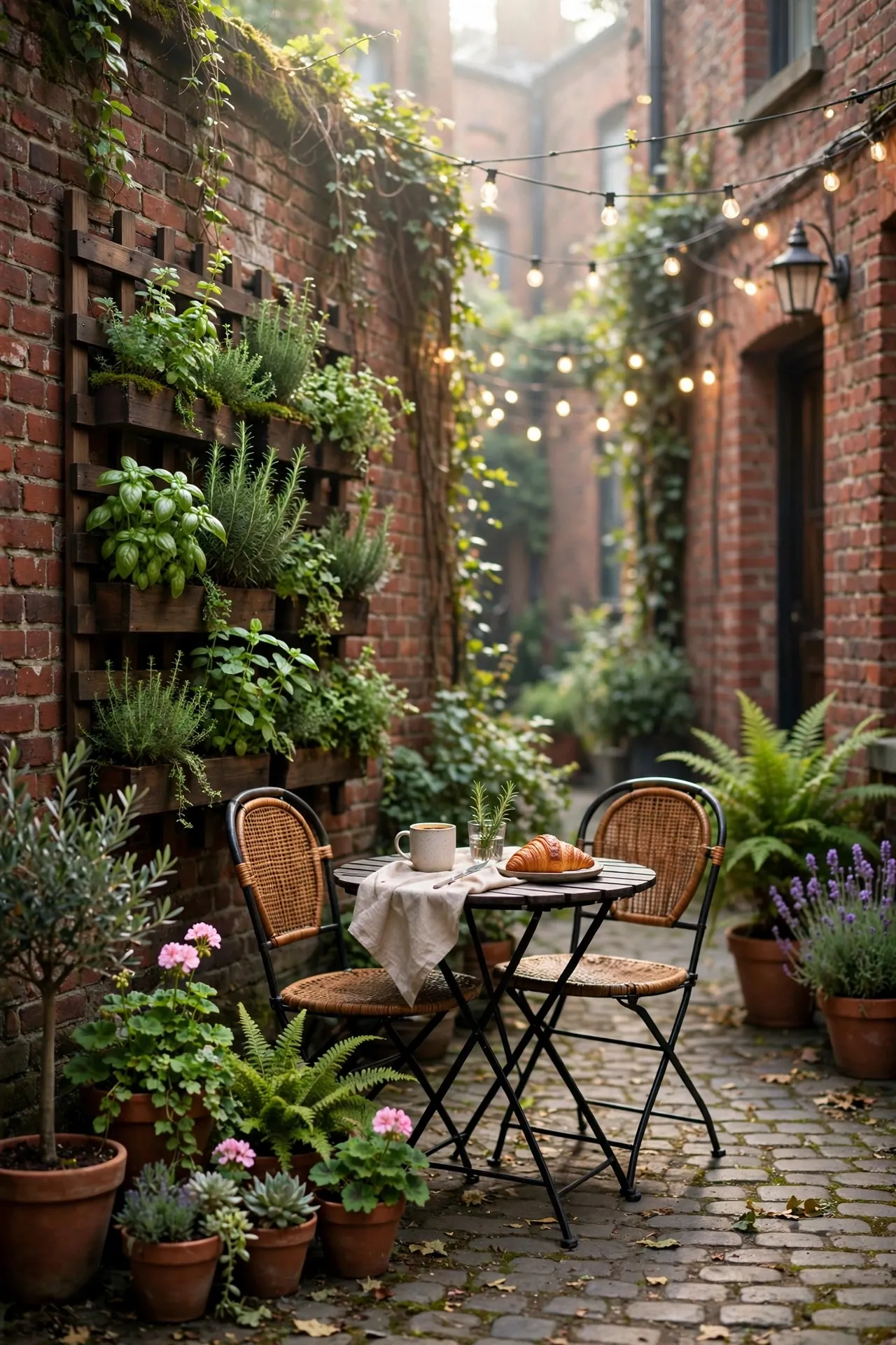 Small city patio with bistro set and vertical garden