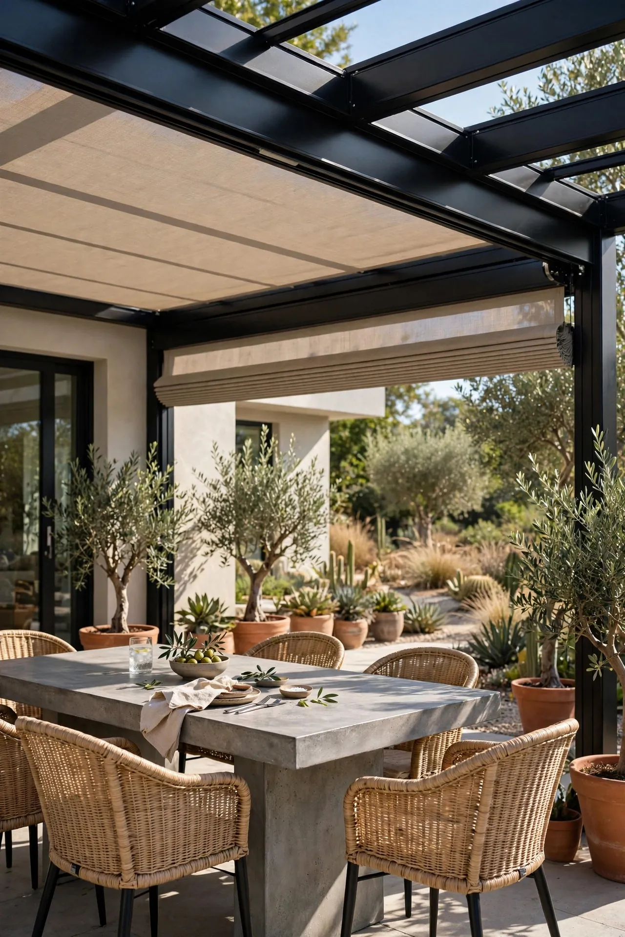 Outdoor dining set under a modern pergola