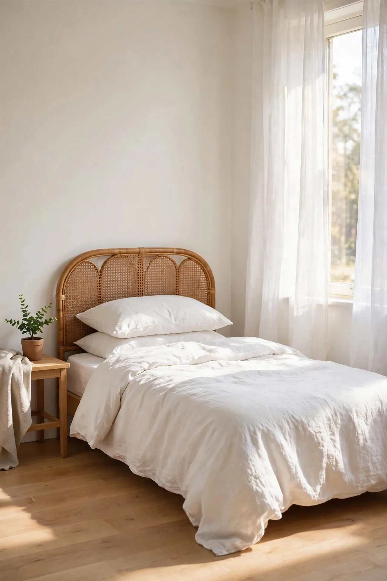 Small bright bedroom with warm white walls and linen bedding