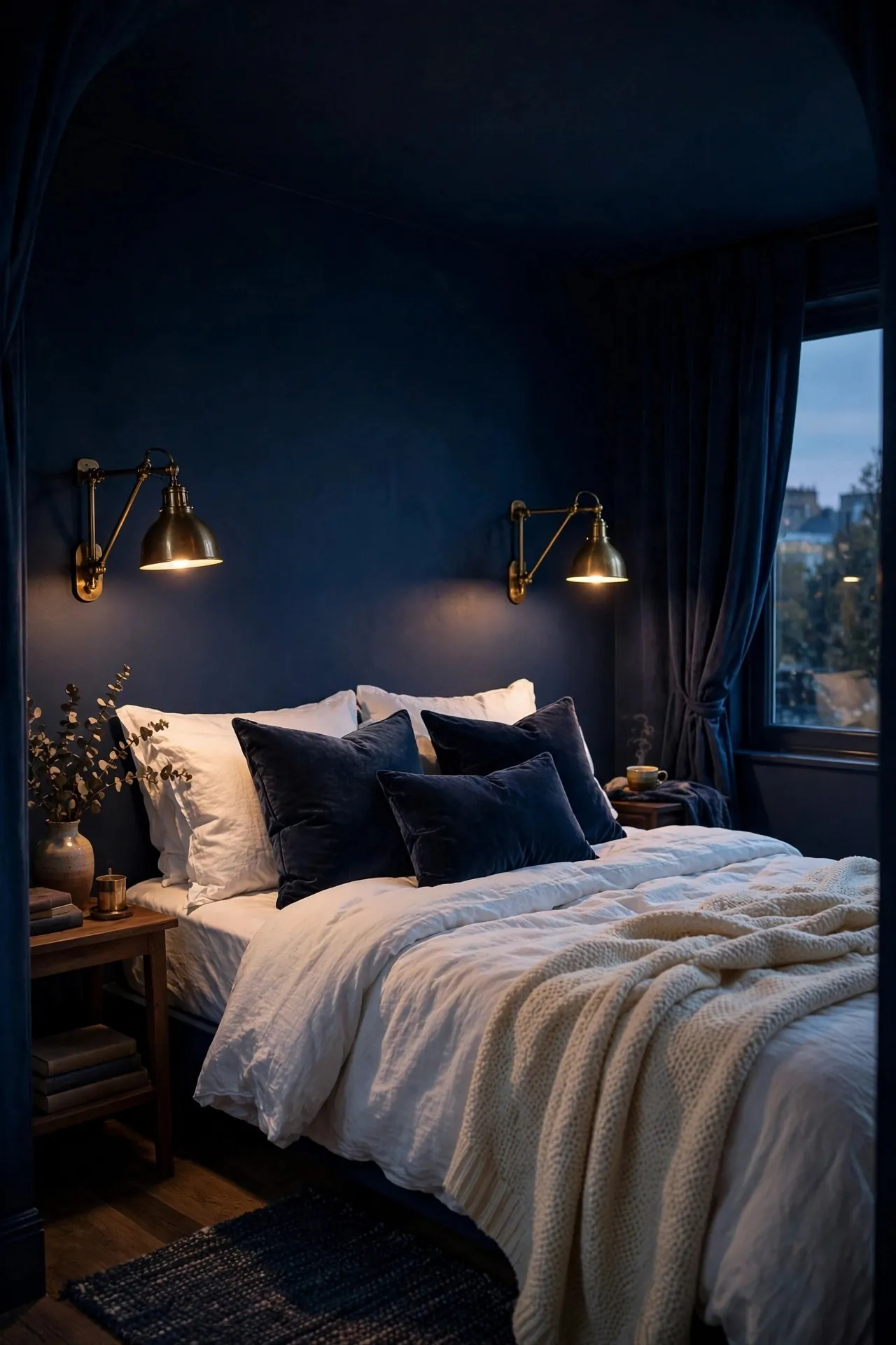 Small moody bedroom with dark blue walls and brass sconces