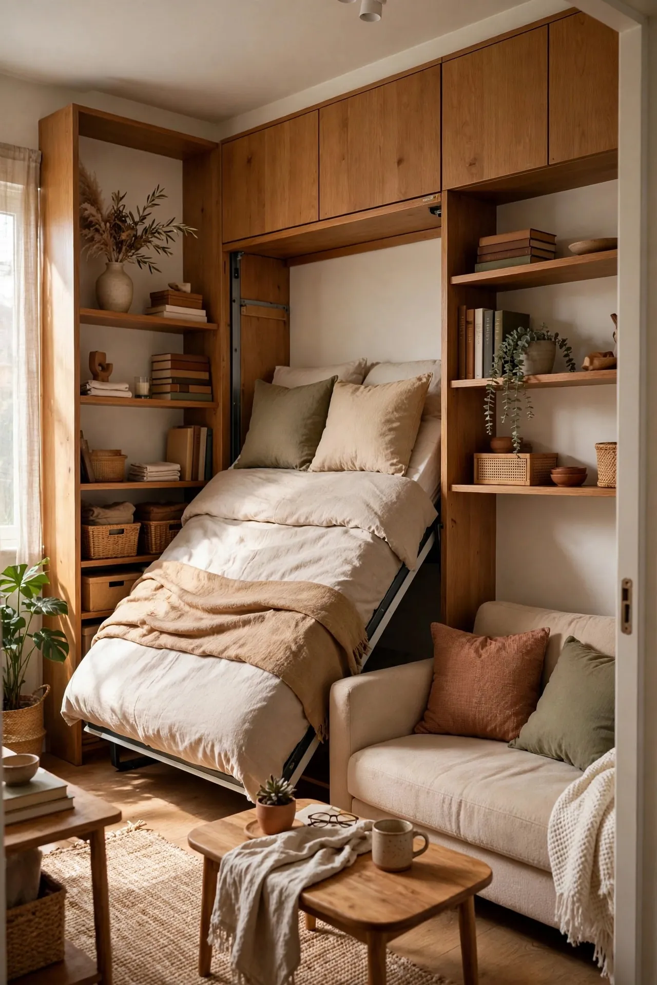 Studio bedroom with a fold-away Murphy bed and shelves