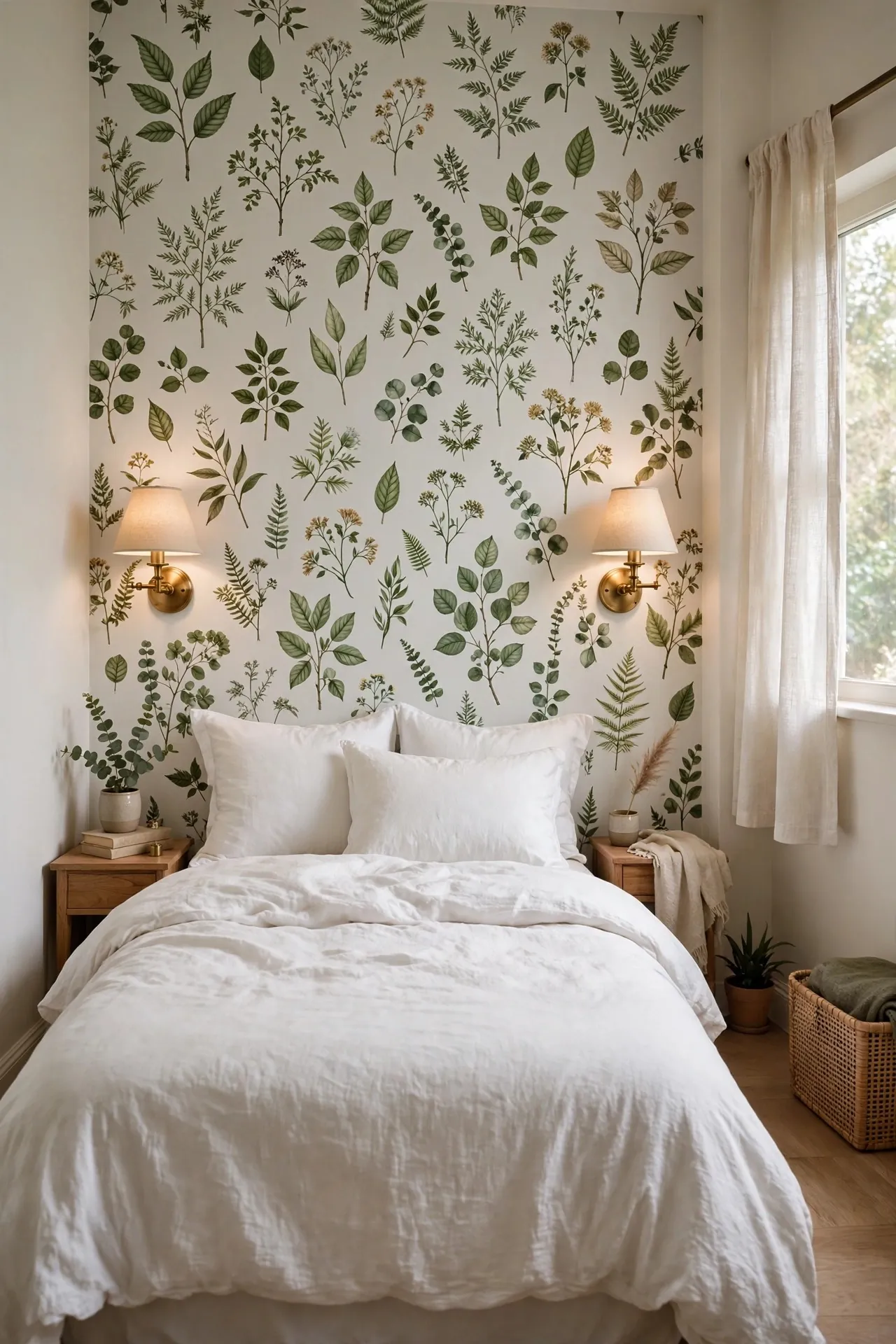 Small bedroom with a botanical wallpaper accent wall