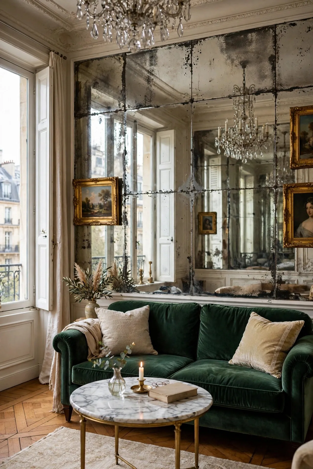 Small living room with an antique mirror wall