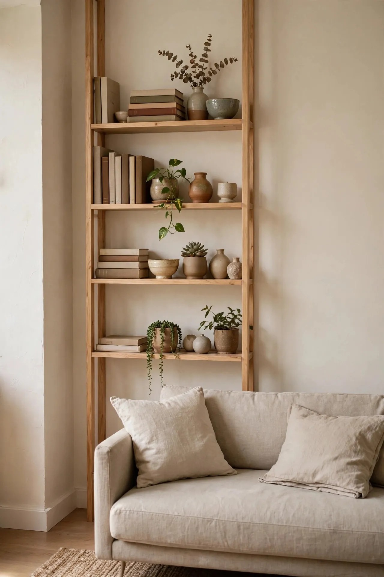 Small living room with tall built-in style shelves styled with books