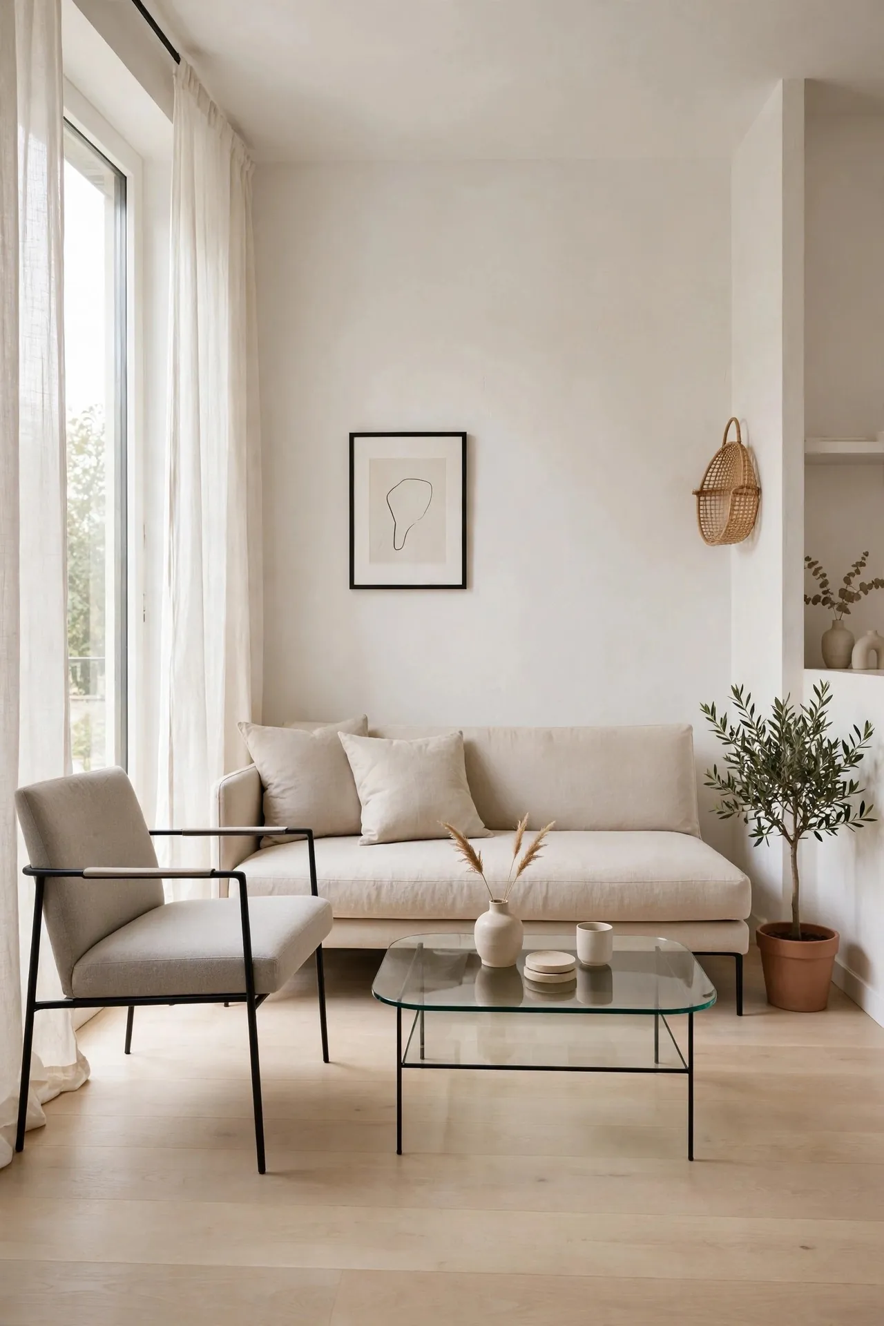 Small living room with a glass coffee table and airy furniture