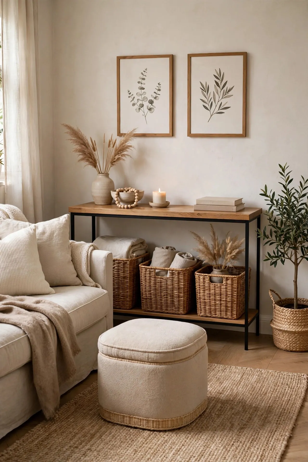 Small living room with woven baskets for hidden storage