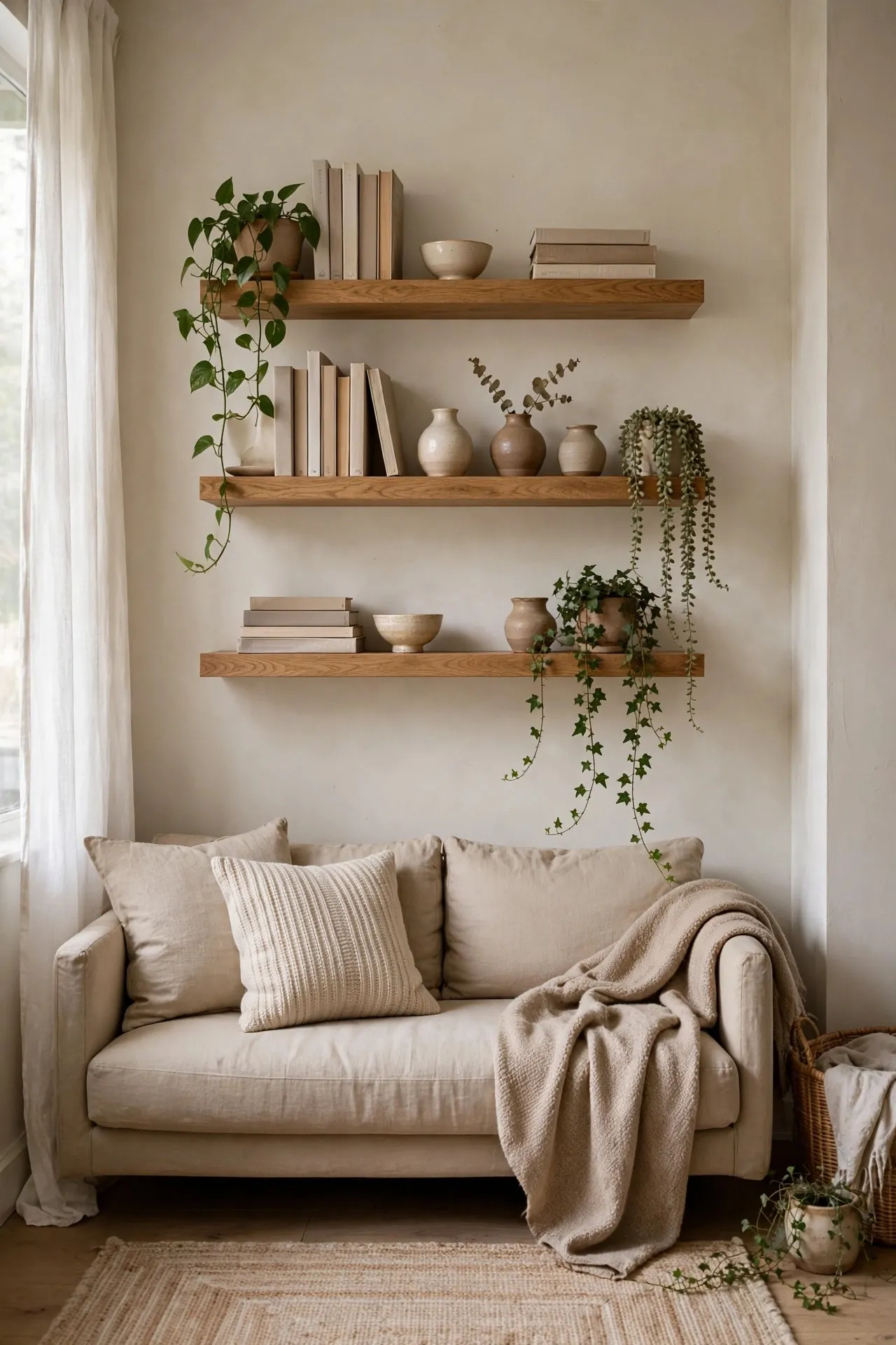 Small living room with floating wooden shelves above a sofa