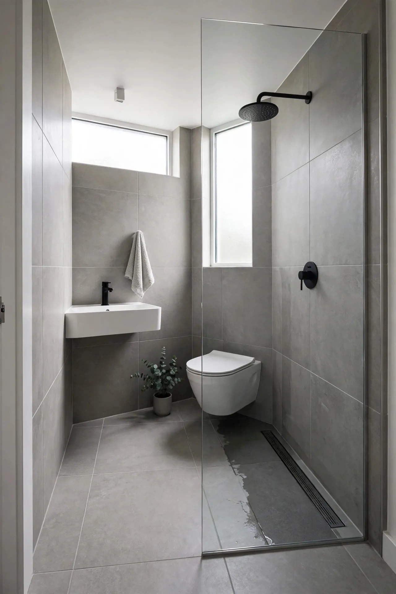 Tiny wet room with open shower and wall-hung toilet