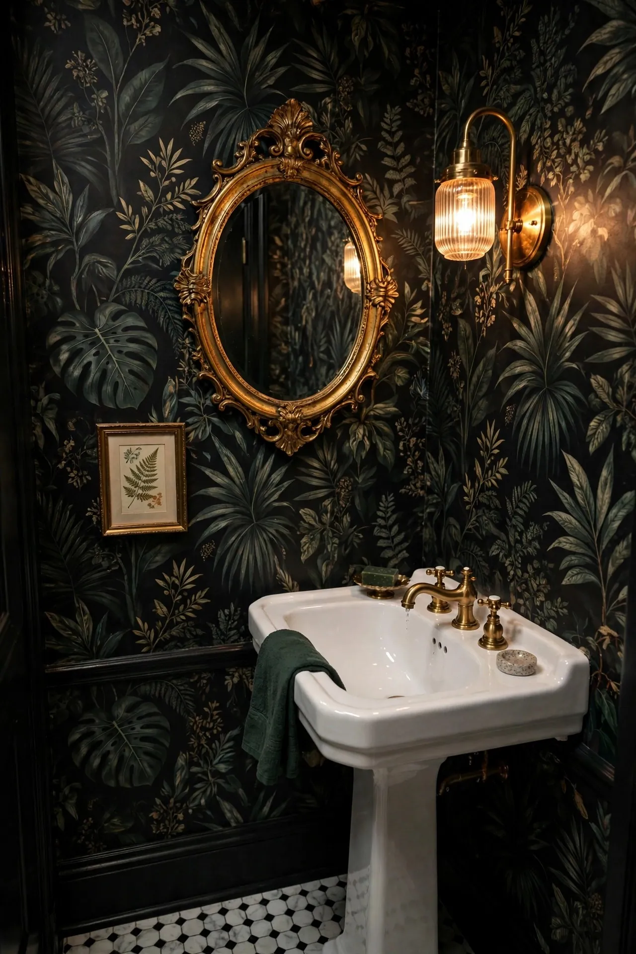Powder room with bold botanical wallpaper and a pedestal sink