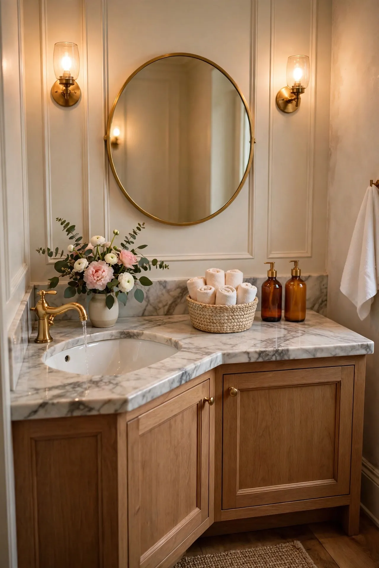 Guest washroom with a basket of hand towels and toiletries