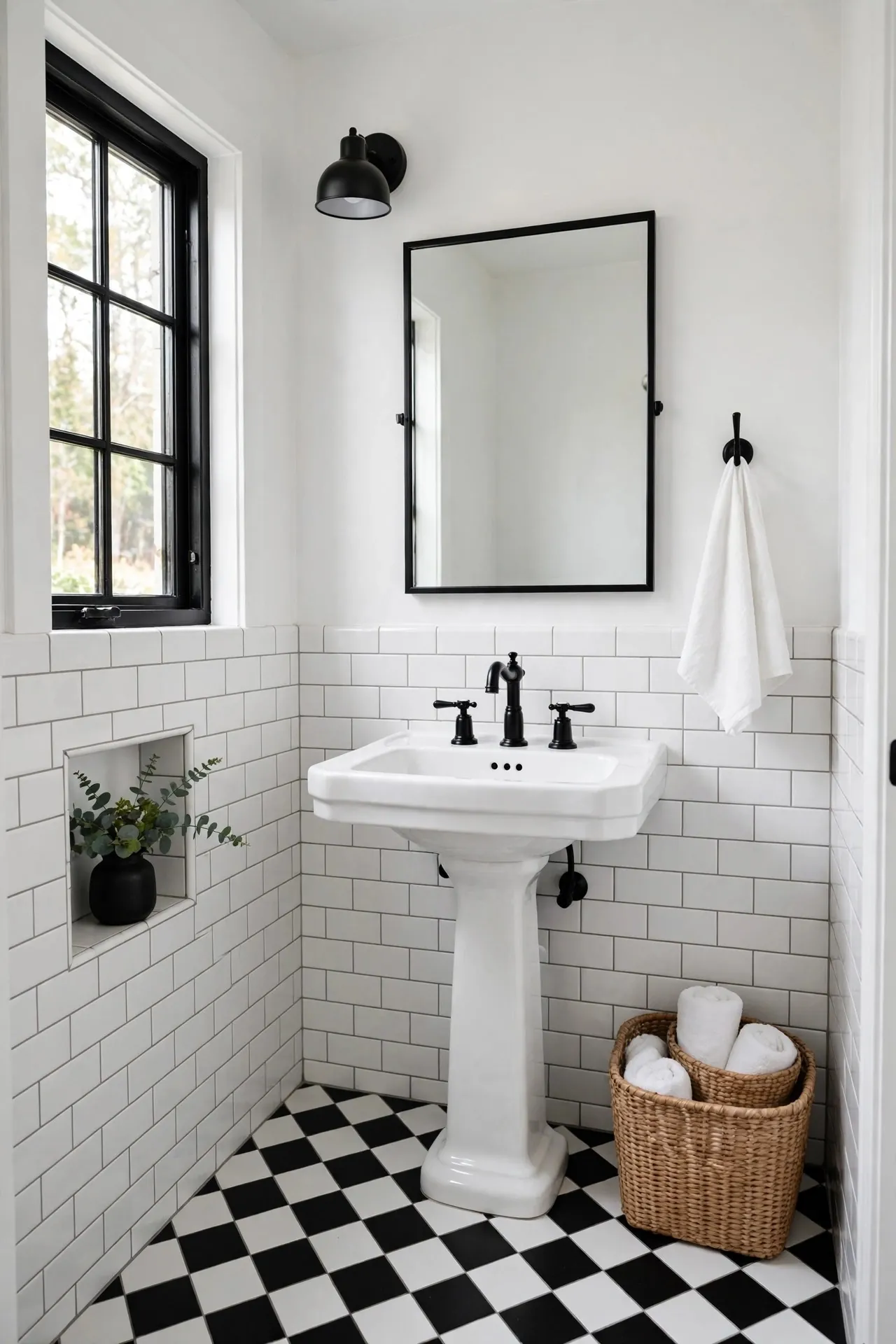 Small black and white washroom with checkerboard floor