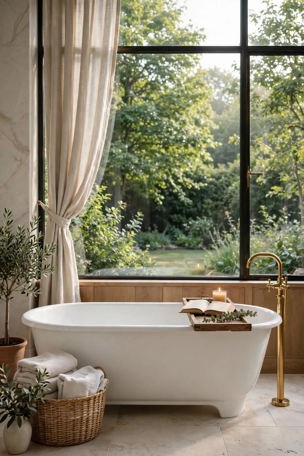 Freestanding bathtub by a large window overlooking a garden