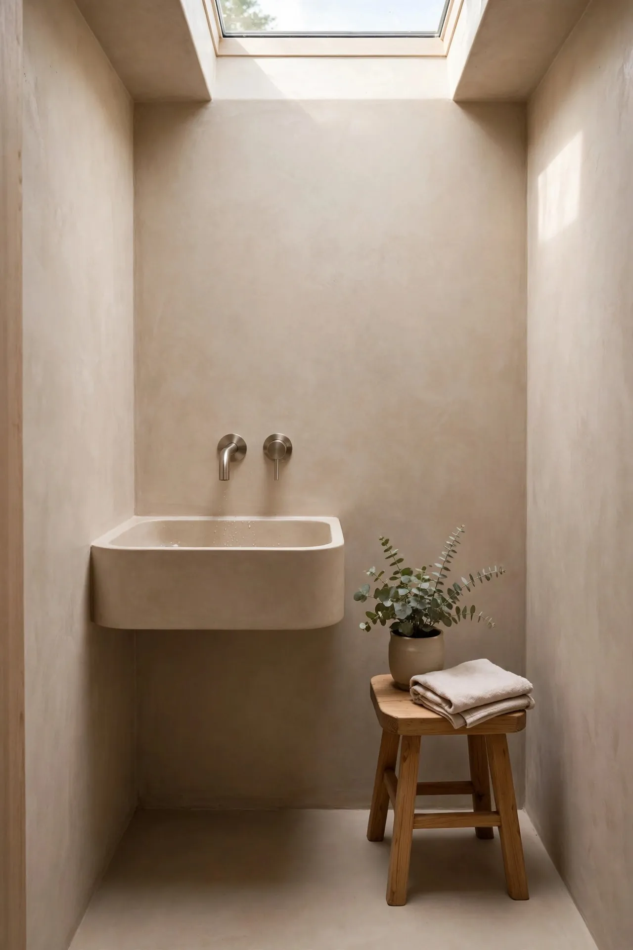Small bathroom with floor-to-ceiling microcement and a skylight