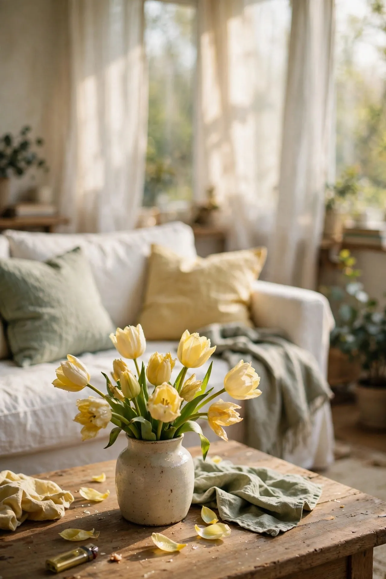 Tall cherry blossom branches in a vase in a living room