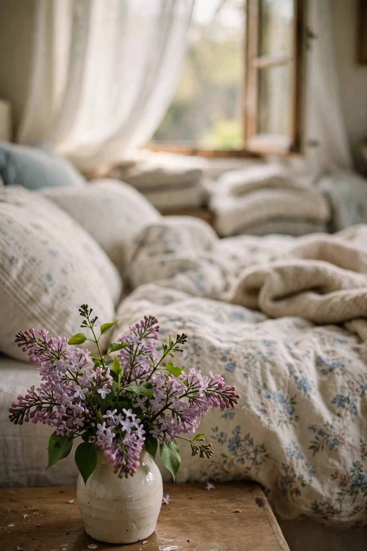 Spring bedroom with floral bedding and fresh flowers