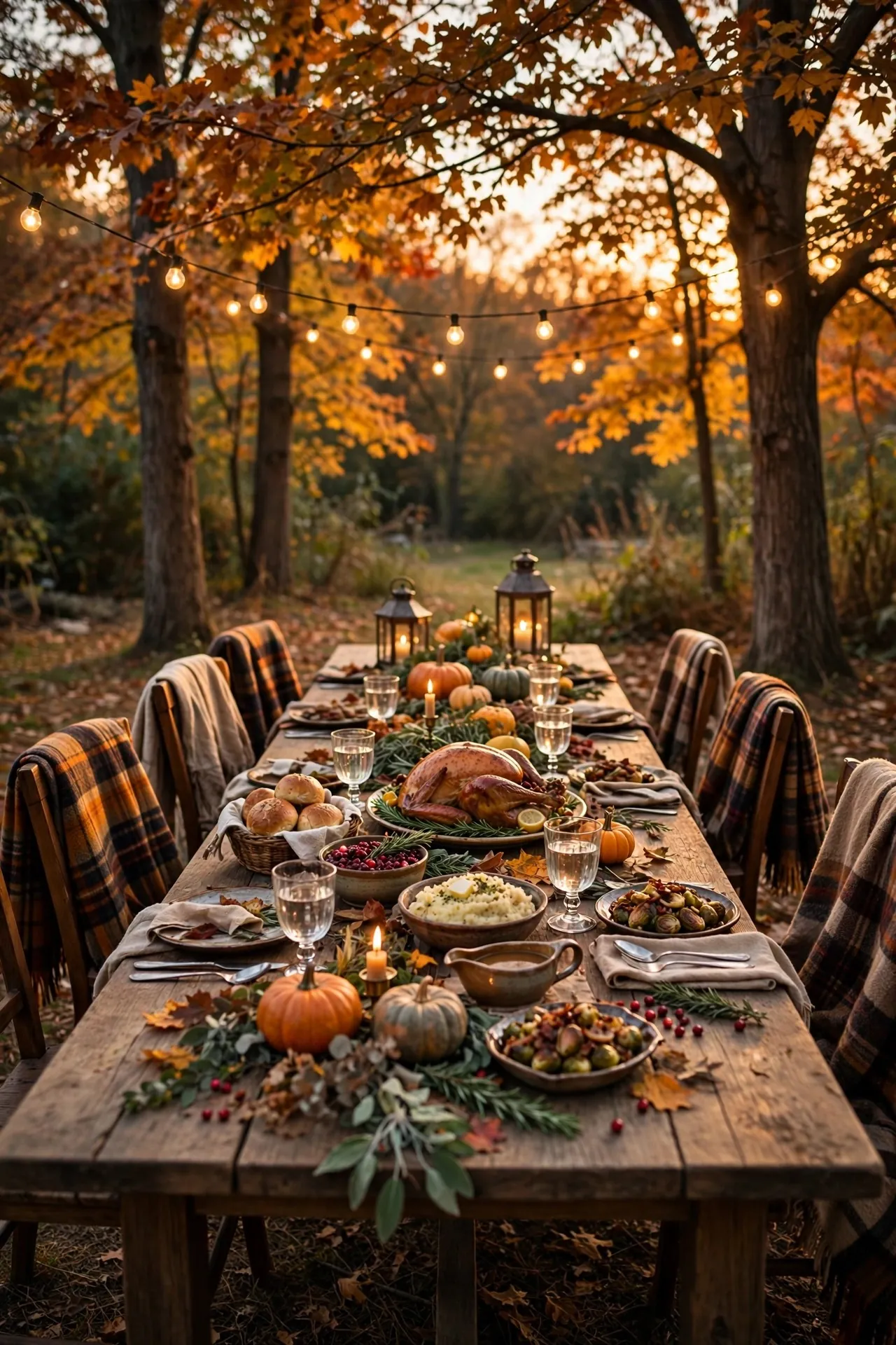 Outdoor Thanksgiving table under trees with blankets