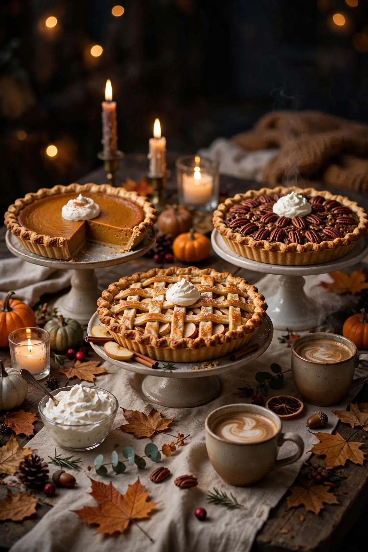 Thanksgiving dessert table with pies and coffee