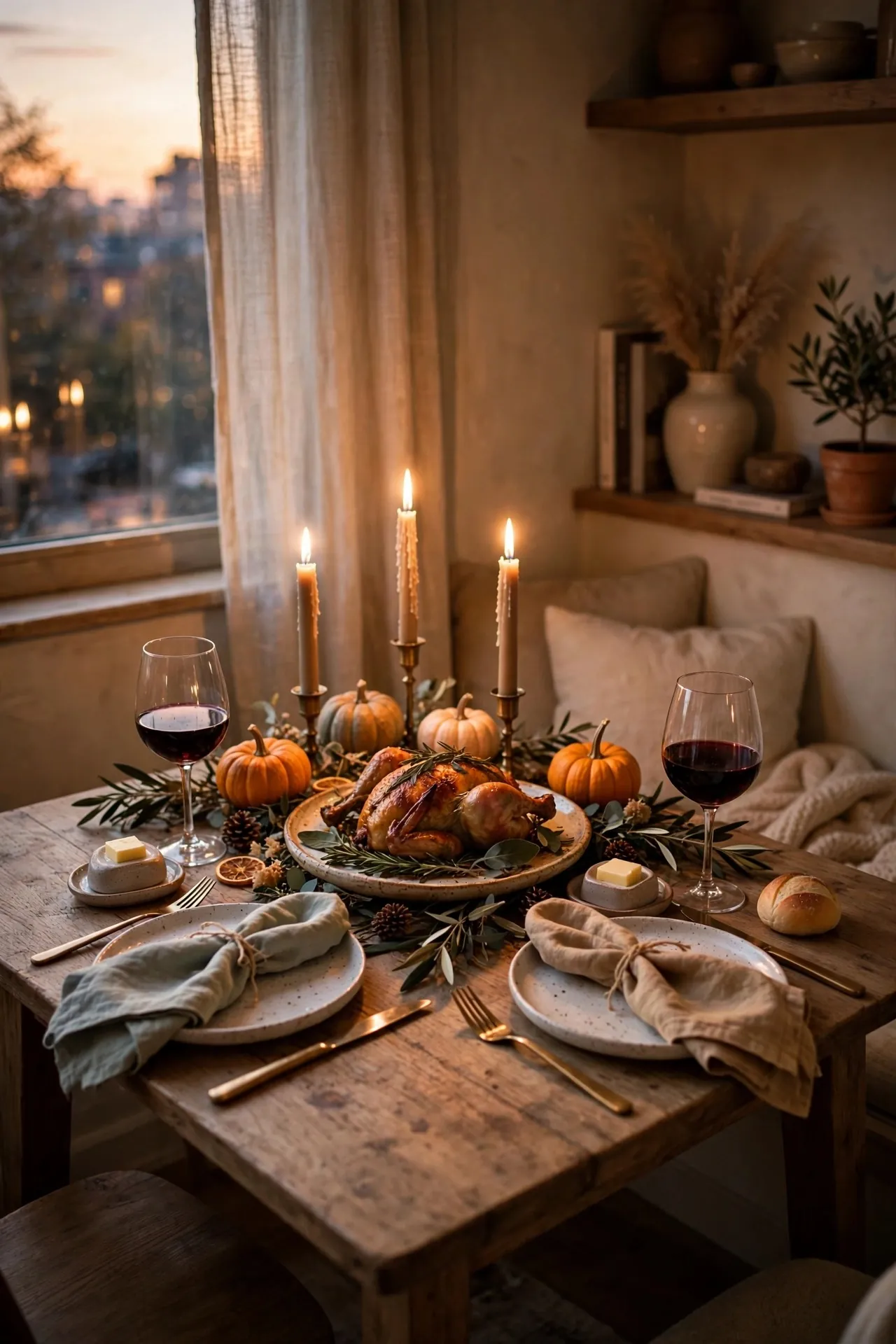 Intimate Thanksgiving table for two with candles