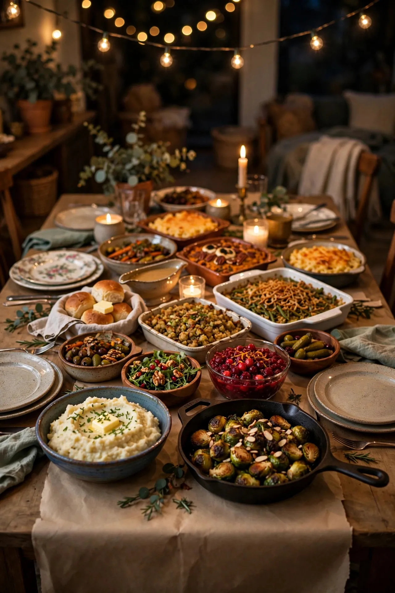 Friendsgiving potluck table with mismatched dishes and string lights